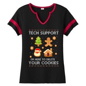 Christmas Tech Support Here To Delete Cookies Ugly Sweater Ladies Halftime Notch Neck Tee