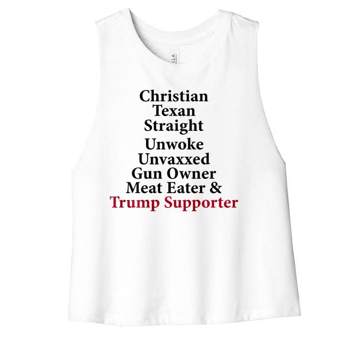 Christian Texan Straight Unwoke Gun Owner Trump Women's Racerback Cropped Tank