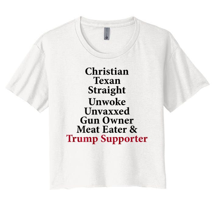 Christian Texan Straight Unwoke Gun Owner Trump Women's Crop Top Tee