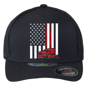 Cool Trucker Semi Truck Flames American Flag Flexfit Unipanel Trucker Cap