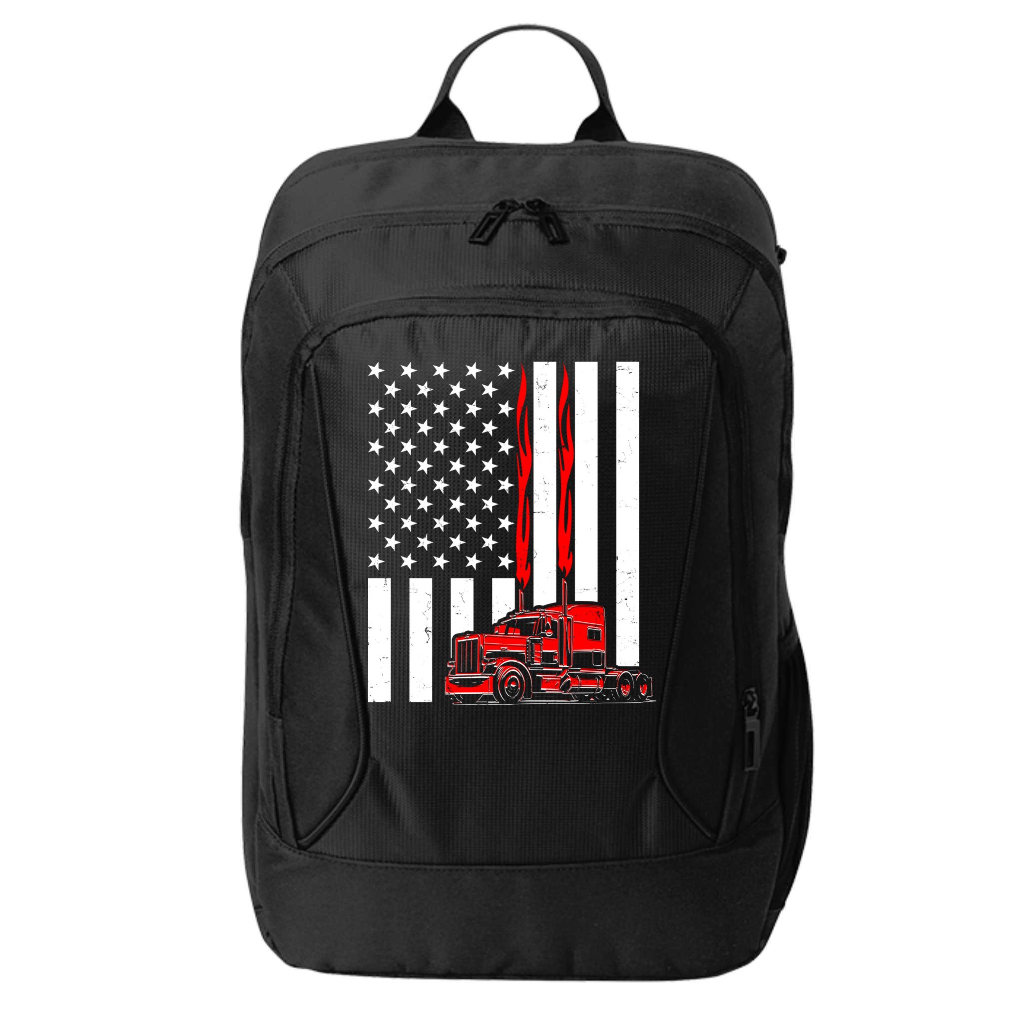 Cool Trucker Semi Truck Flames American Flag City Backpack