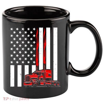 Cool Trucker Semi Truck Flames American Flag 11oz C Handle Ceramic Mug