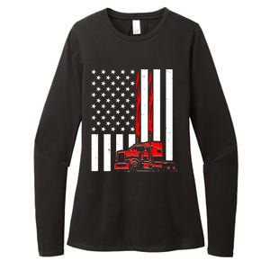 Cool Trucker Semi Truck Flames American Flag Womens CVC Long Sleeve Shirt