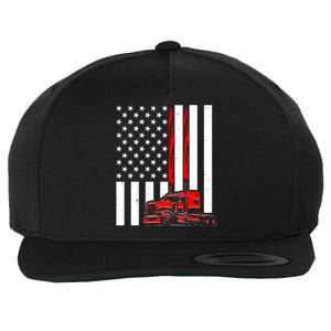 Cool Trucker Semi Truck Flames American Flag Wool Snapback Cap