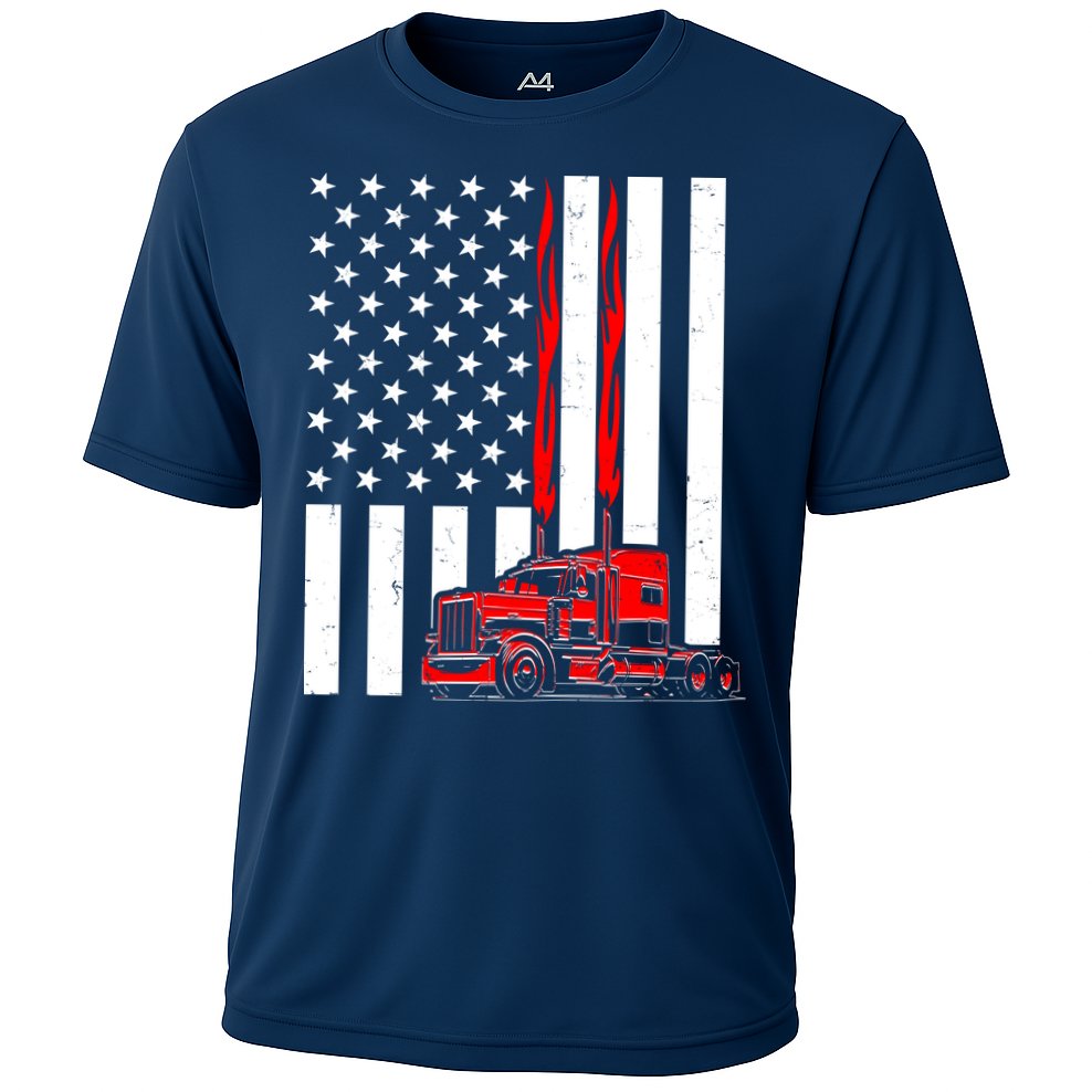Cool Trucker Semi Truck Flames American Flag Cooling Performance Crew T-Shirt