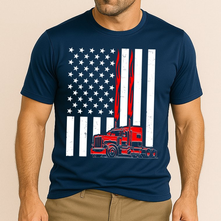 Cool Trucker Semi Truck Flames American Flag Cooling Performance Crew T-Shirt