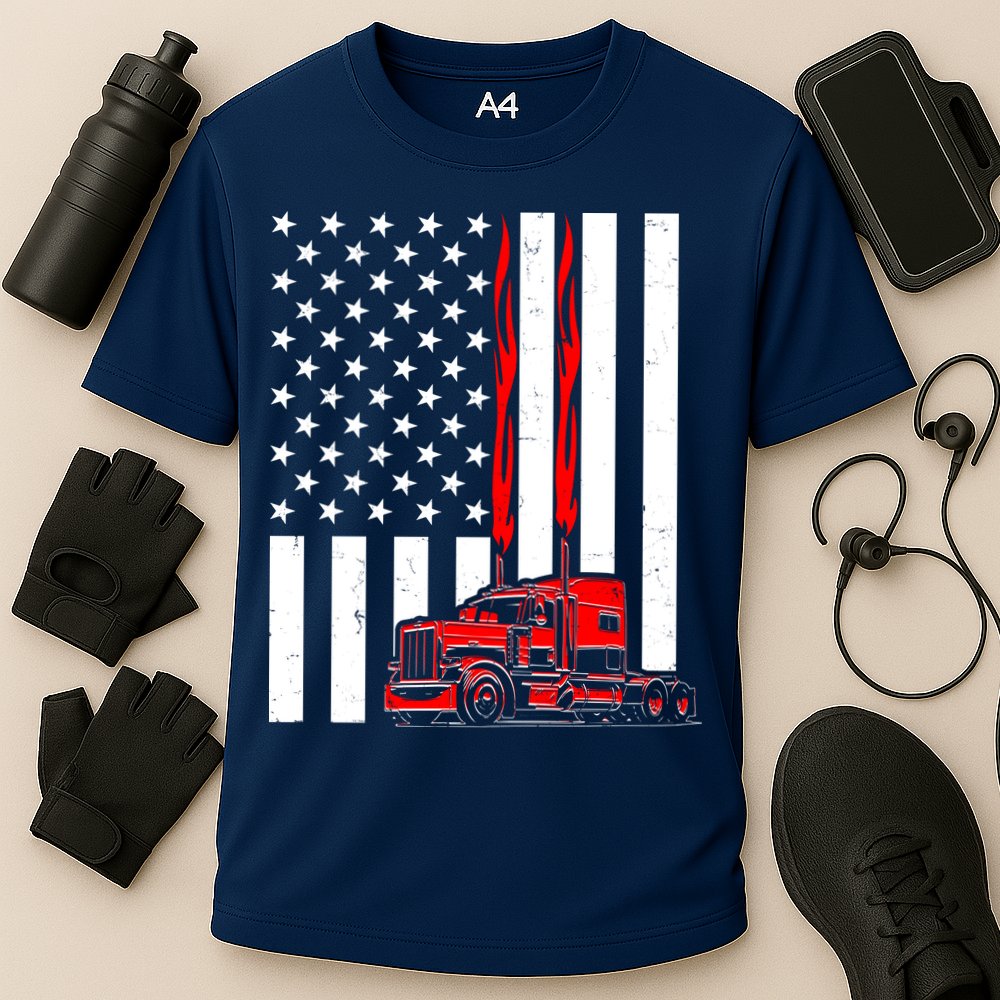 Cool Trucker Semi Truck Flames American Flag Cooling Performance Crew T-Shirt