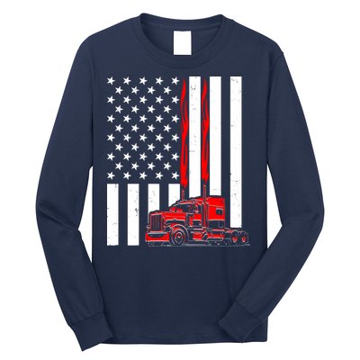 Cool Trucker Semi Truck Flames American Flag Long Sleeve Shirt