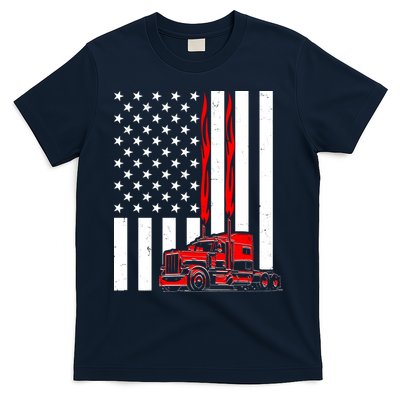 Cool Trucker Semi Truck Flames American Flag T-Shirt