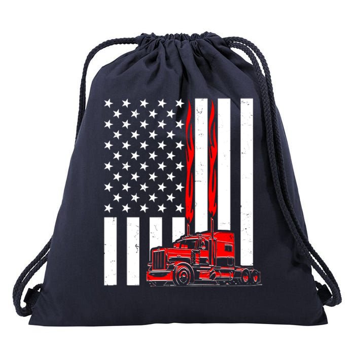 Cool Trucker Semi Truck Flames American Flag Drawstring Bag