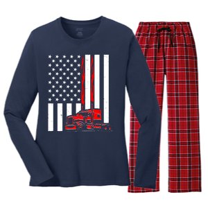 Cool Trucker Semi Truck Flames American Flag Women's Long Sleeve Flannel Pajama Set 