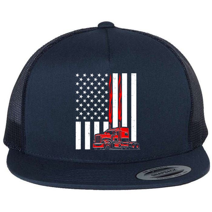 Cool Trucker Semi Truck Flames American Flag Flatbill Hat