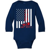 Cool Trucker Semi Truck Flames American Flag Baby Long Sleeve Bodysuit