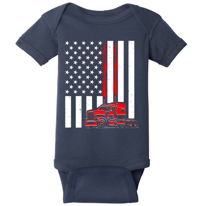 Cool Trucker Semi Truck Flames American Flag Baby Bodysuit