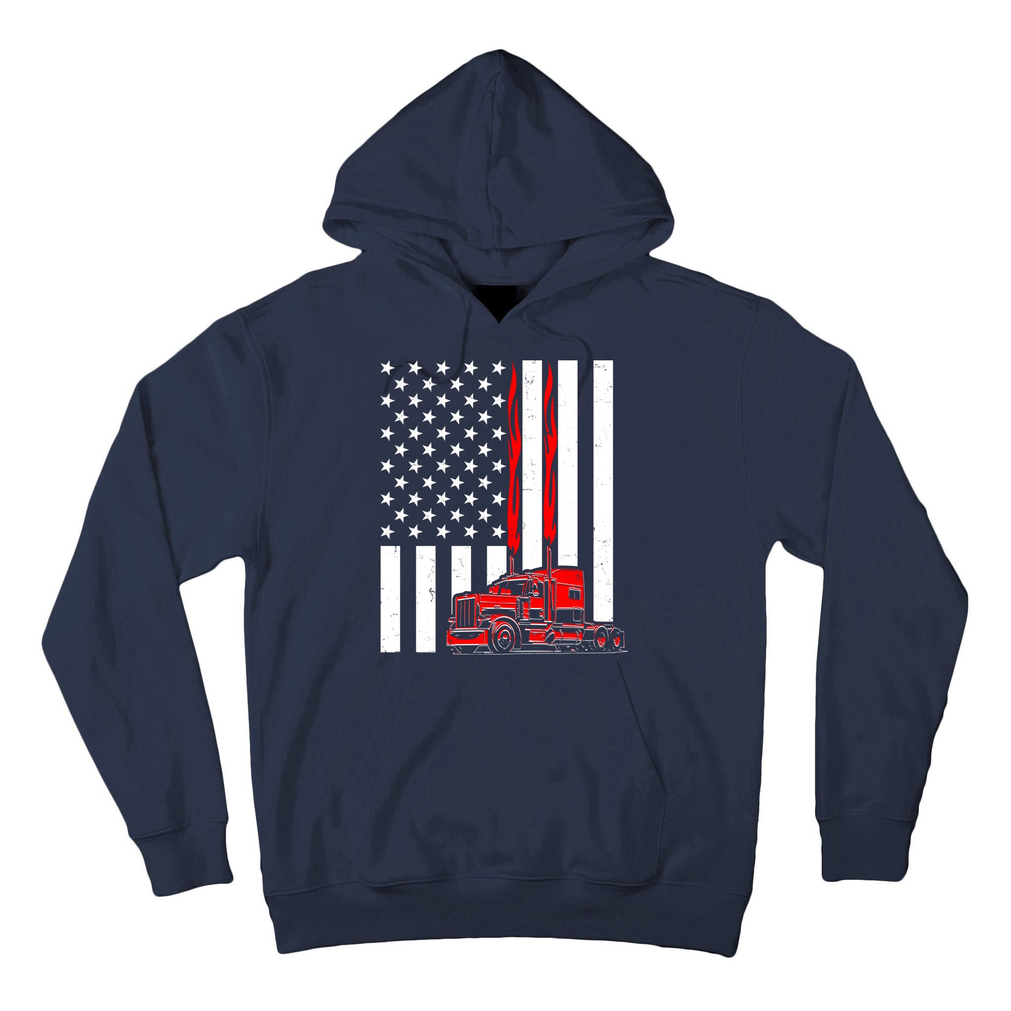 Cool Trucker Semi Truck Flames American Flag Tall Hoodie