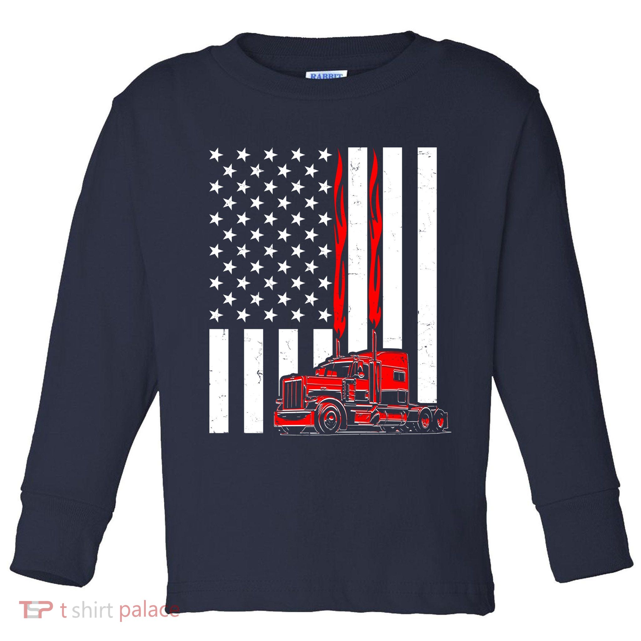 Cool Trucker Semi Truck Flames American Flag Toddler Long Sleeve Shirt