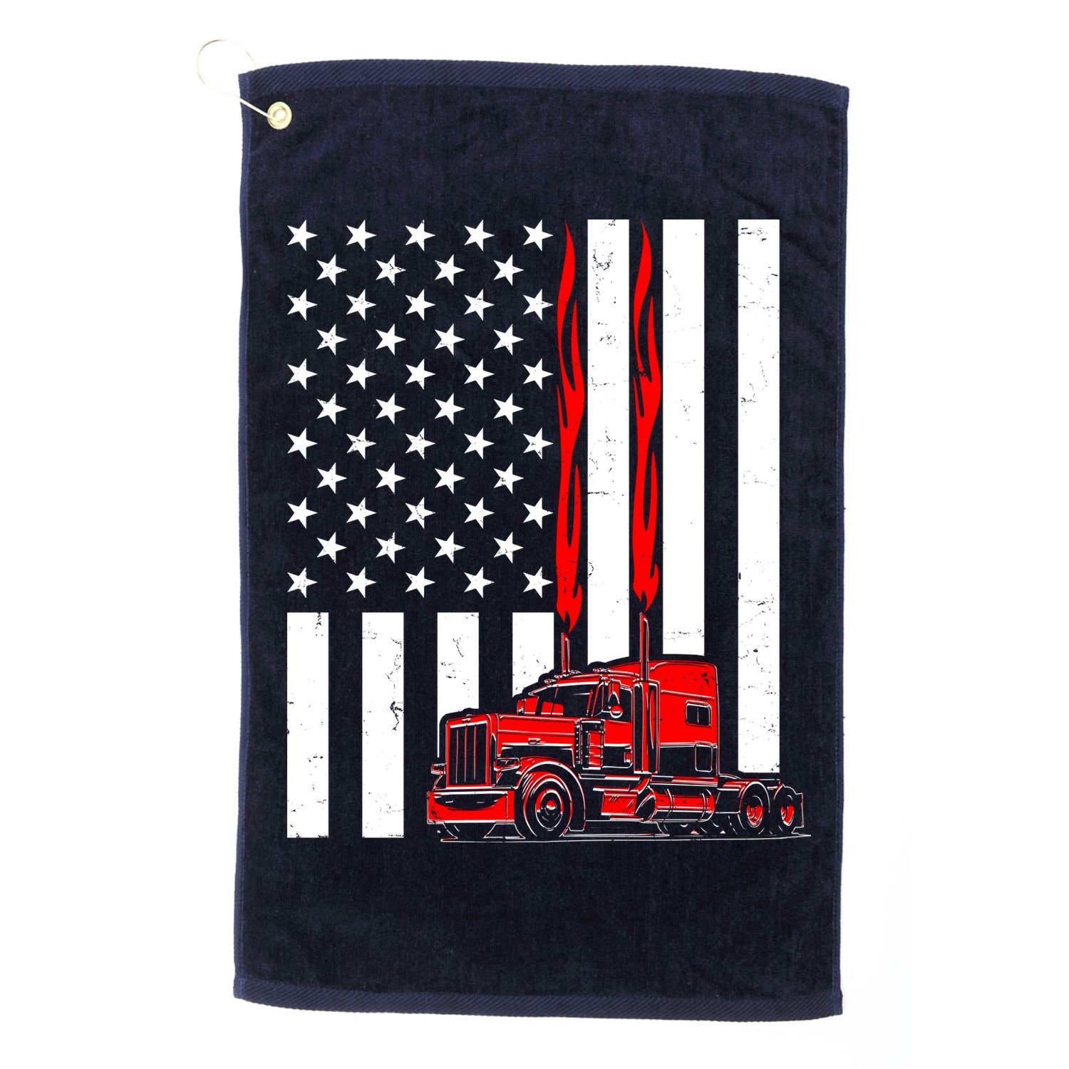 Cool Trucker Semi Truck Flames American Flag Golf Towel