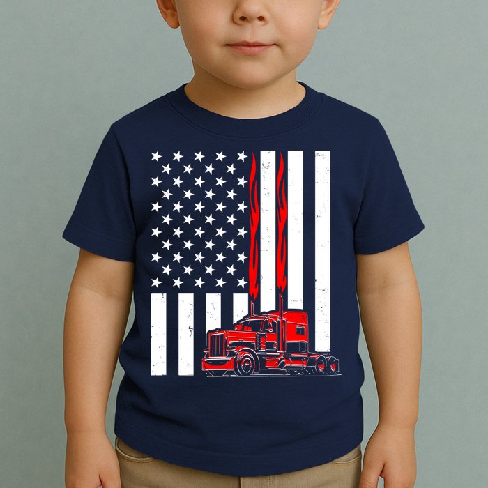 Cool Trucker Semi Truck Flames American Flag Toddler T-Shirt