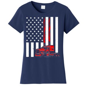 Cool Trucker Semi Truck Flames American Flag Women's T-Shirt