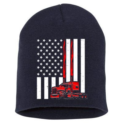 Cool Trucker Semi Truck Flames American Flag Short Acrylic Beanie