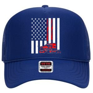 Cool Trucker Semi Truck Flames American Flag High Crown Mesh Back Trucker Hat