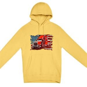 Cool Trucker Semi Truck Torn Distressed American Flag Premium Pullover Hoodie