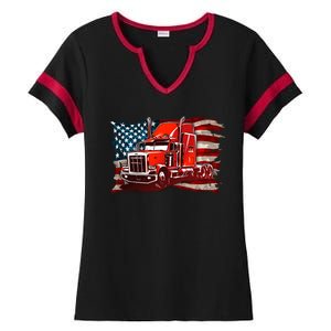 Cool Trucker Semi Truck Torn Distressed American Flag Ladies Halftime Notch Neck Tee