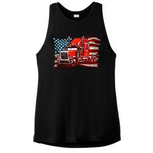 Cool Trucker Semi Truck Torn Distressed American Flag Ladies PosiCharge Tri-Blend Wicking Tank