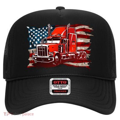 Cool Trucker Semi Truck Torn Distressed American Flag High Crown Mesh Back Trucker Hat