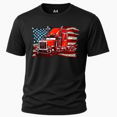 Cool Trucker Semi Truck Torn Distressed American Flag Cooling Performance Crew T-Shirt