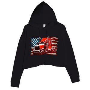 Cool Trucker Semi Truck Torn Distressed American Flag Crop Fleece Hoodie