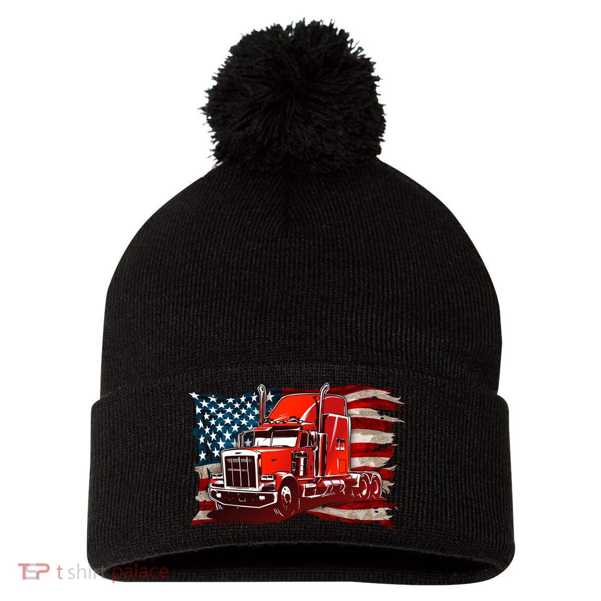Cool Trucker Semi Truck Torn Distressed American Flag Pom Pom 12in Knit Beanie