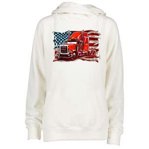 Cool Trucker Semi Truck Torn Distressed American Flag Womens Funnel Neck Pullover Hood