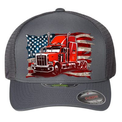 Cool Trucker Semi Truck Torn Distressed American Flag Flexfit Unipanel Trucker Cap