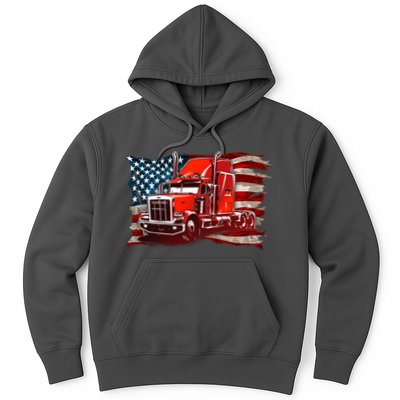 Cool Trucker Semi Truck Torn Distressed American Flag Hoodie