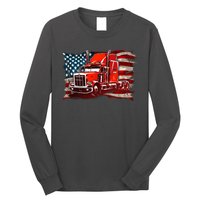 Cool Trucker Semi Truck Torn Distressed American Flag Long Sleeve Shirt