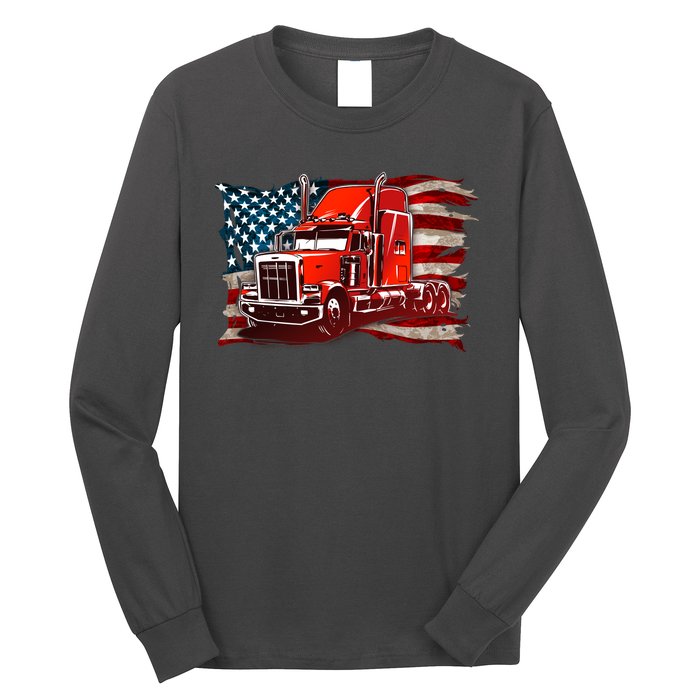 Cool Trucker Semi Truck Torn Distressed American Flag Long Sleeve Shirt