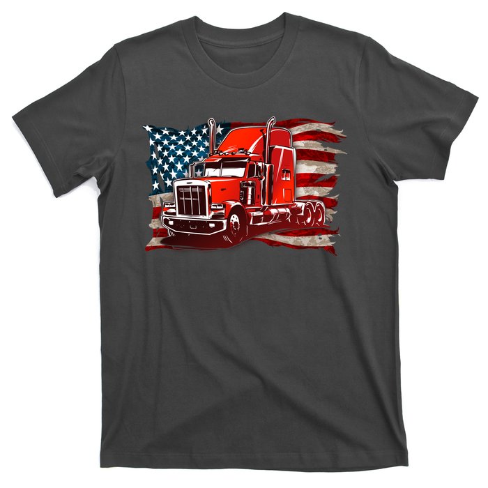 Cool Trucker Semi Truck Torn Distressed American Flag T-Shirt