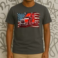 Cool Trucker Semi Truck Torn Distressed American Flag T-Shirt