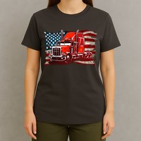 Cool Trucker Semi Truck Torn Distressed American Flag T-Shirt