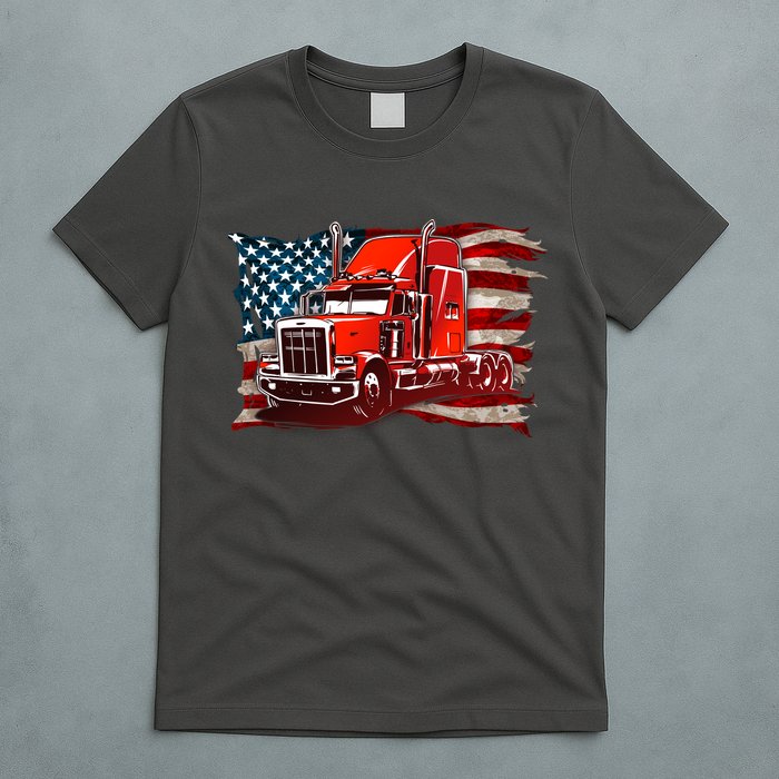 Cool Trucker Semi Truck Torn Distressed American Flag T-Shirt