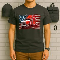 Cool Trucker Semi Truck Torn Distressed American Flag T-Shirt