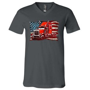 Cool Trucker Semi Truck Torn Distressed American Flag V-Neck T-Shirt