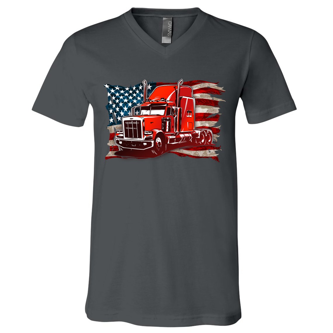 Cool Trucker Semi Truck Torn Distressed American Flag V-Neck T-Shirt