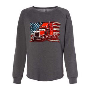 Cool Trucker Semi Truck Torn Distressed American Flag Womens California Wash Sweatshirt