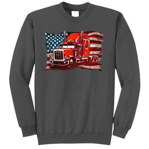 Cool Trucker Semi Truck Torn Distressed American Flag Tall Sweatshirt