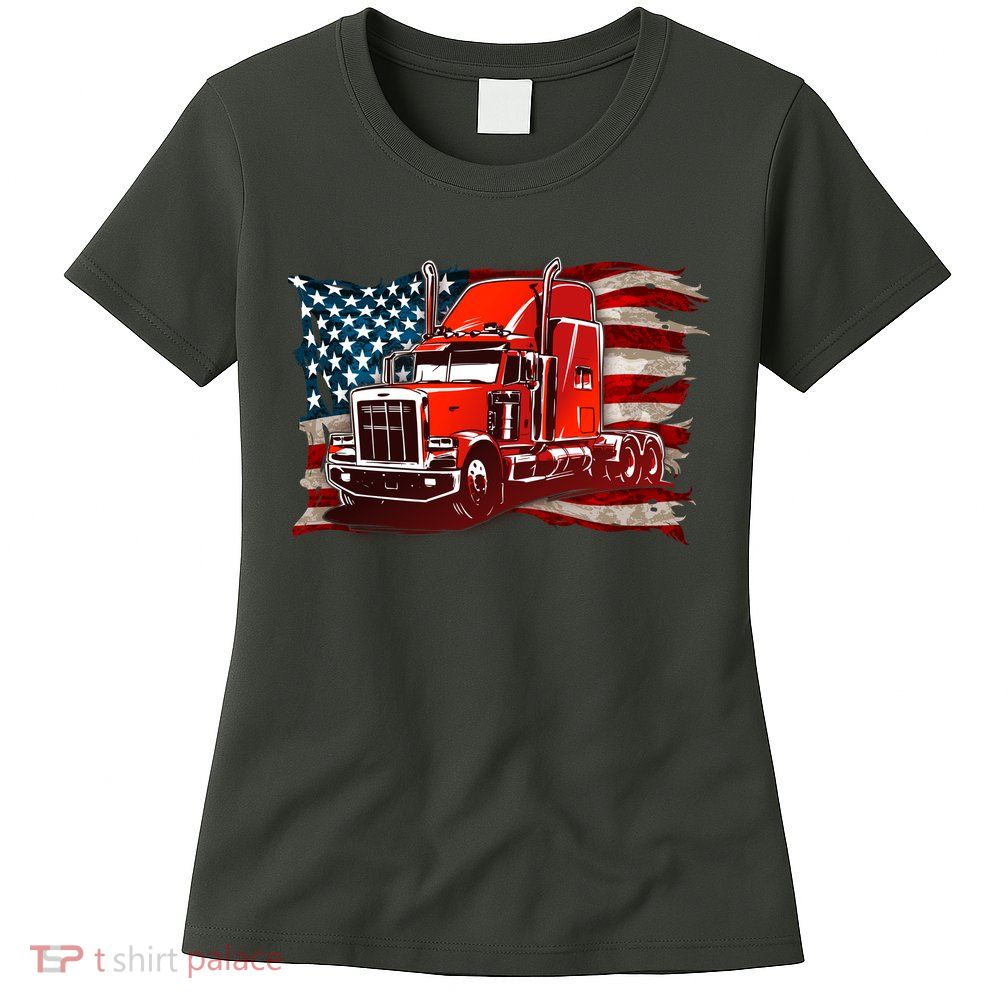 Cool Trucker Semi Truck Torn Distressed American Flag Womens T-Shirt