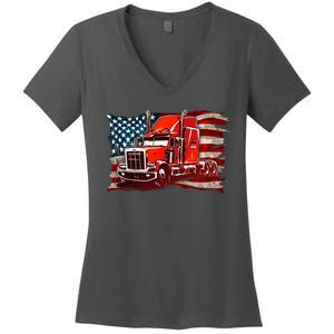 Cool Trucker Semi Truck Torn Distressed American Flag Women's V-Neck T-Shirt