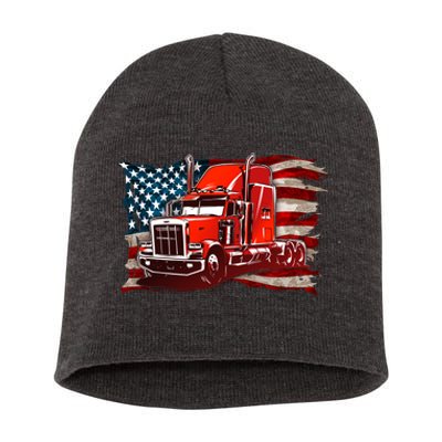 Cool Trucker Semi Truck Torn Distressed American Flag Short Acrylic Beanie