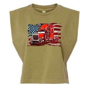 Cool Trucker Semi Truck Torn Distressed American Flag Garment-Dyed Women's Muscle Tee